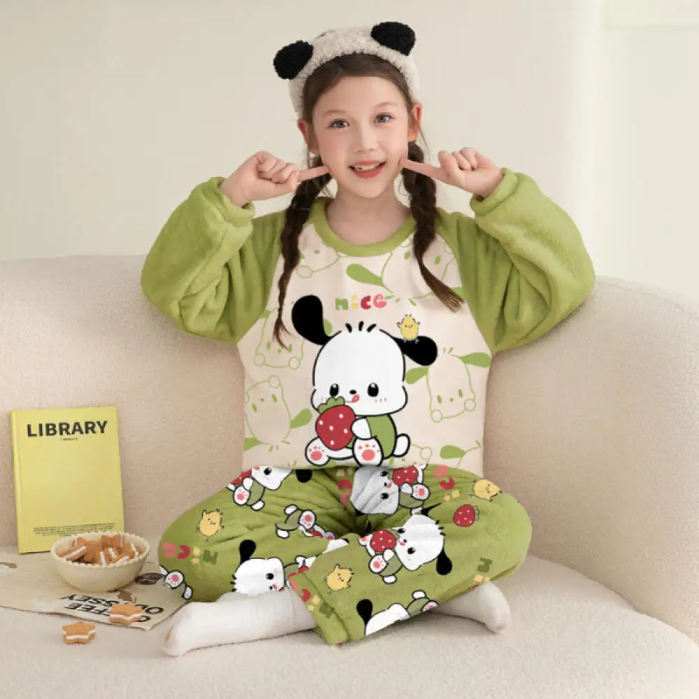 حار سانريو مرحبا كيتي kuromi الفتيات منامة الخريف/الشتاء سميكة س الرقبة الفانيلا الوالدين والطفل الزي ملابس المنزل مجموعة المرجان المخملية