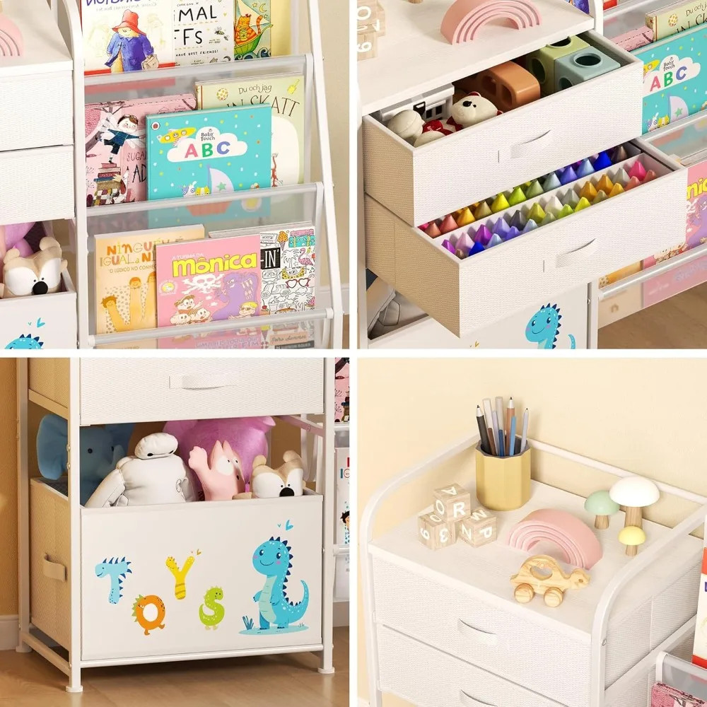 رف كتب ومنظم ألعاب للأطفال مكون من 3 طبقات مع صندوق تخزين دوار لغرف الأطفال #5