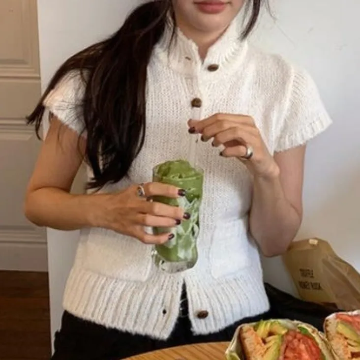 Chique vintage hoge kraag met één knop en Sve gebreide bovenkleding Dames Faion herfst winter polyestervezel vest