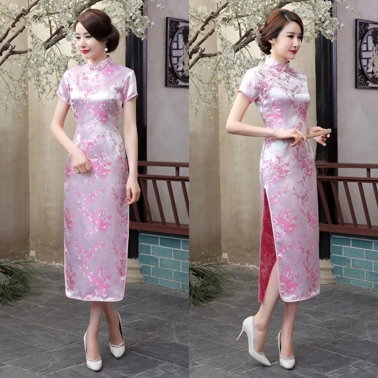 Chinese Traditionele Jurk Vrouwen Satijn Veel Kleur Cheongsam Qipao Zomer Korte Mouw Lange Jurk Voor Feestkostuum