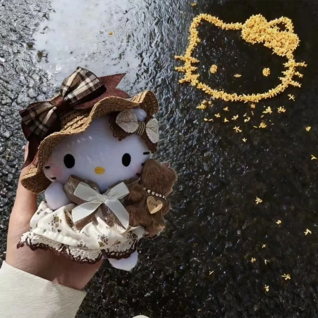 Sanrio Hello Kitty Cross-Dressing Retro Pastoral Style Straw Hat Curly Hair Modeling Plush Doll Keychain Backpack Pendant Gift