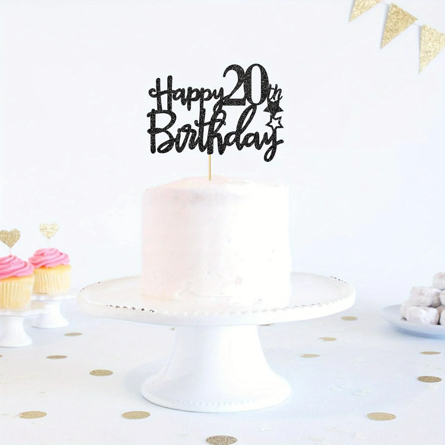 1 Stück 20th Cake Topper, schwarzer Glitzer 20. Dekoration für 20 Jahre Party, Jubiläum Prost – Detail 4