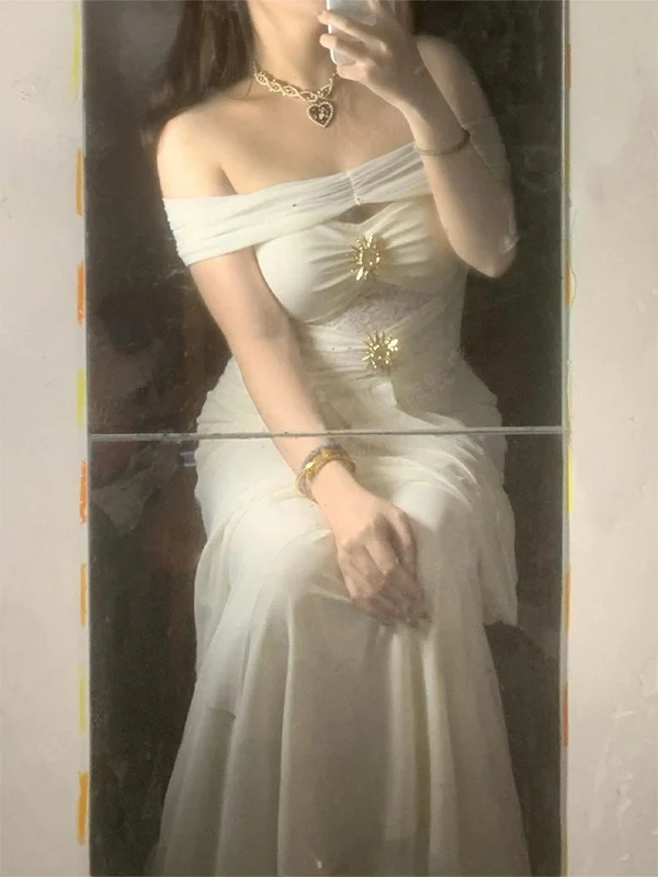 

plus Size Beautiful Lady One Shoulder Dress Women's Fashion Summer New High-End Long Skirt Korean Style Slim Fit Diamond Embe...