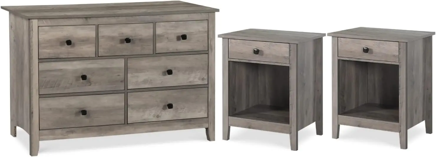 Dresser and Nightstand Set - 3 Pieces Bedroom Set with 7 Drawer Dresser and 1 Drawer Nightstands, Wood Double Dresser, Grey Wood