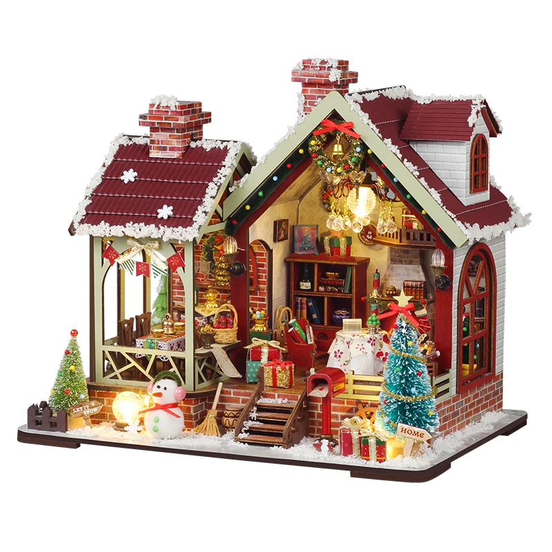 DIY Wooden Warm Christmas Lodge Casa Figurines Miniatures Assembled Houses With Lights for Friends Gifts Home Decor Crafts