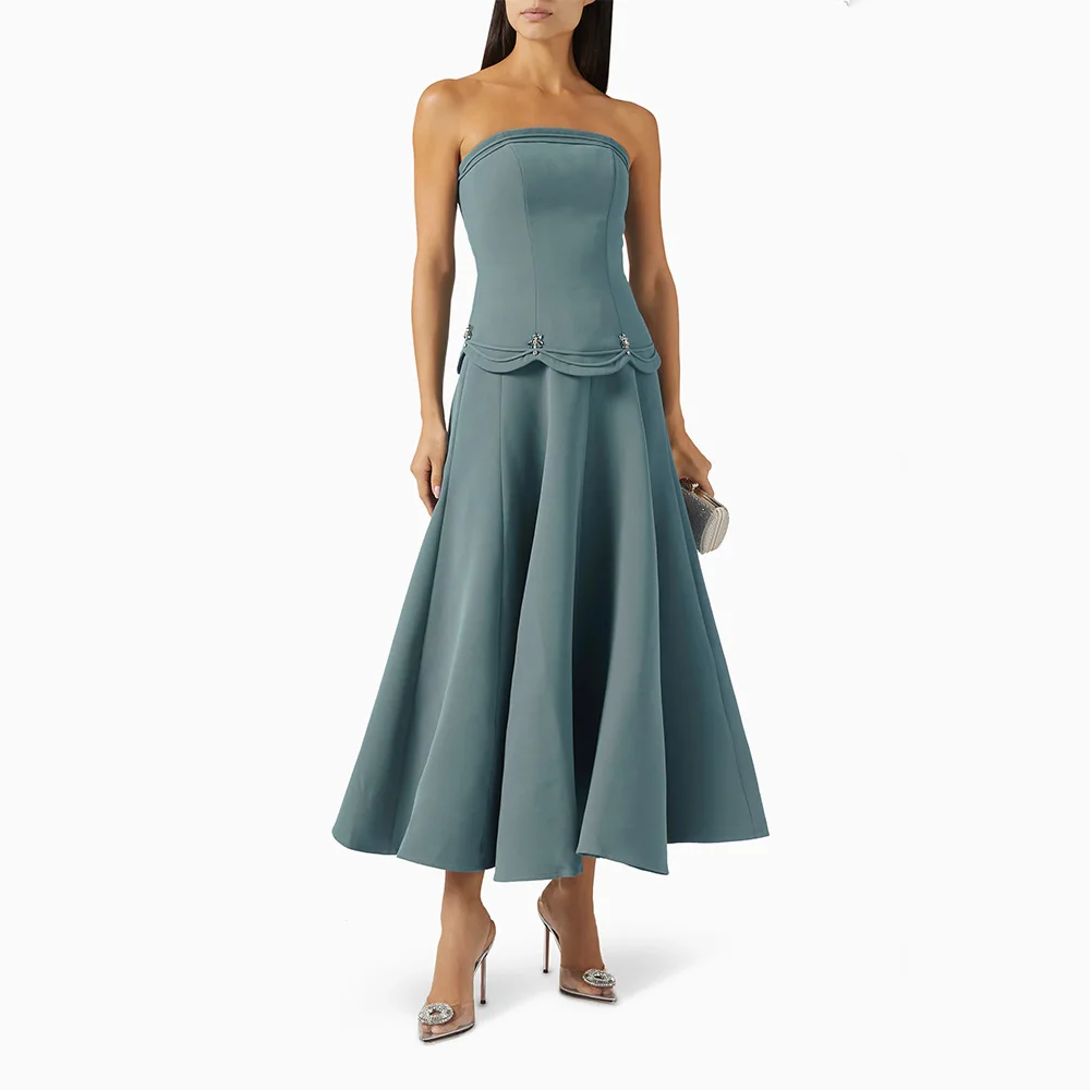 

Современные женские платья для выпускного вечера из 2 предметов без бретелек с кристаллами A Line Миди Коктейльные платья длиной до чая Короткое вечернее платье без рукавов 2025