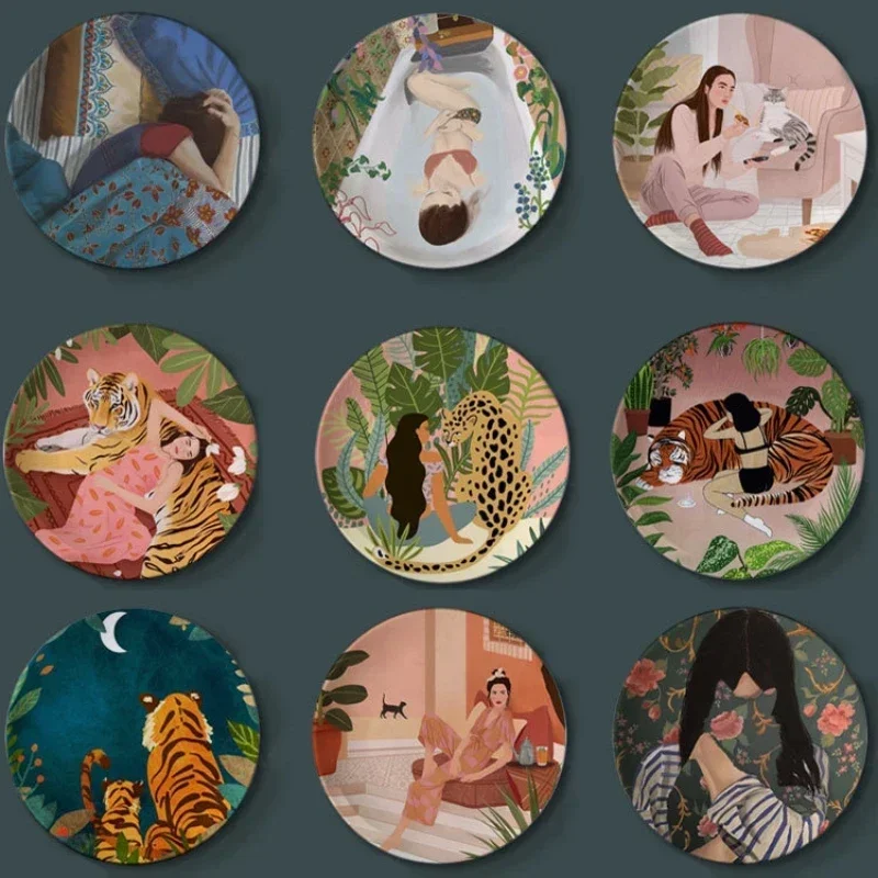 INS Forest Animal Girl Illustration Ceramic Wall Plate Ornament Tiger Ceramic Decorative Tray Dish Hanging Porcelain Handicraft