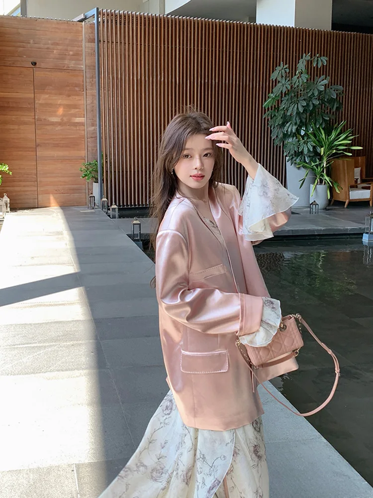 เสื้อแจ็คเก็ตผู้หญิงทรงหลวม แขนยาว ไม่มีปก ทำจากวัสดุอะซิเตท สีชมพู เหมาะสำหรับใส่ทำงานหรือเดินทางในฤดูใบไม้ผลิ