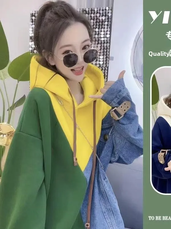 

Женская толстовка больших размеров с капюшоном, свободного кроя, в корейском стиле, с длинными рукавами, осенняя, цветная, утягивающая, для похудения