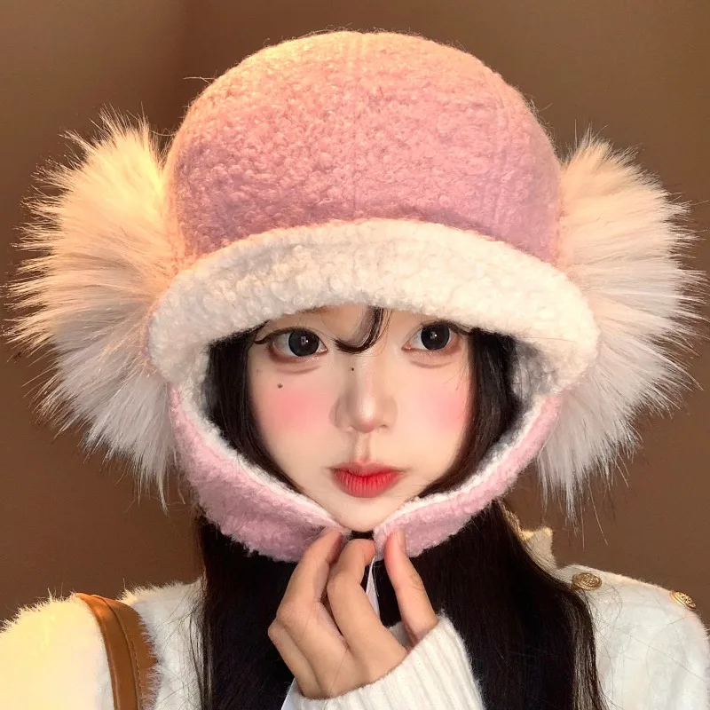 Autumn and Winter Lamb Plush Ear Protection Flying Hat Outdoor Cycling Ski Big Head Warm Windproof Strap Bomber Hats for Women