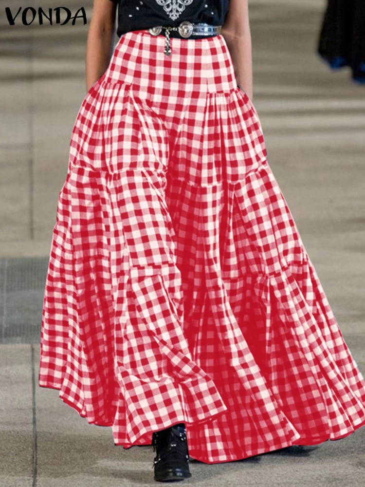 

VONDA женские клетчатые юбки с принтом, летние верхние юбки трапециевидной формы, богемные юбки 2021, винтажные вечерние макси-длинные юбки большого размера