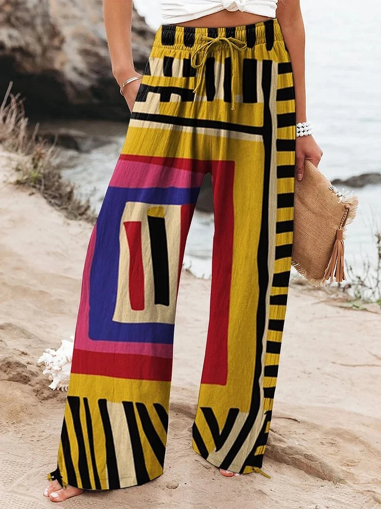 Women's Vintage-Style Wide-Leg Pants Drawstring Design 3D Color-Blocked Print Beach Resort Fashionable Breathable Wide-Leg Pants