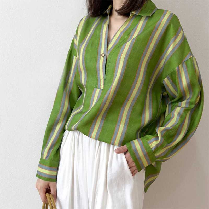 

70% Natural Silk 30% Cotton Spun Silk Women Long Sleeve Shirt Green Stripes V Neck Buttons Down Casual Blouse Top M1510