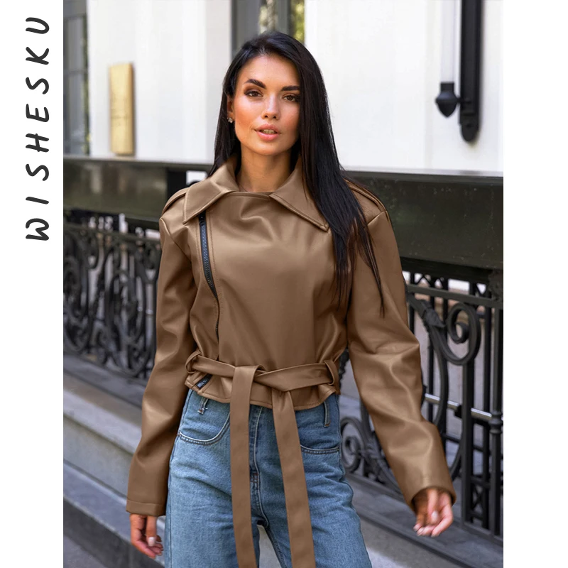 

Women Long Sleeve PU Faux Leather Cropped Jackets Retro Sashes Lace Up Casual Motor Biker Fashion Coat 2025 Fall Winter Clothes