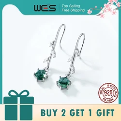 WES 925 Sterling Silver Olive Branch Natural Moss Agate Earrings for Woman Crystal Wedding Party Gift Certified Wholesale