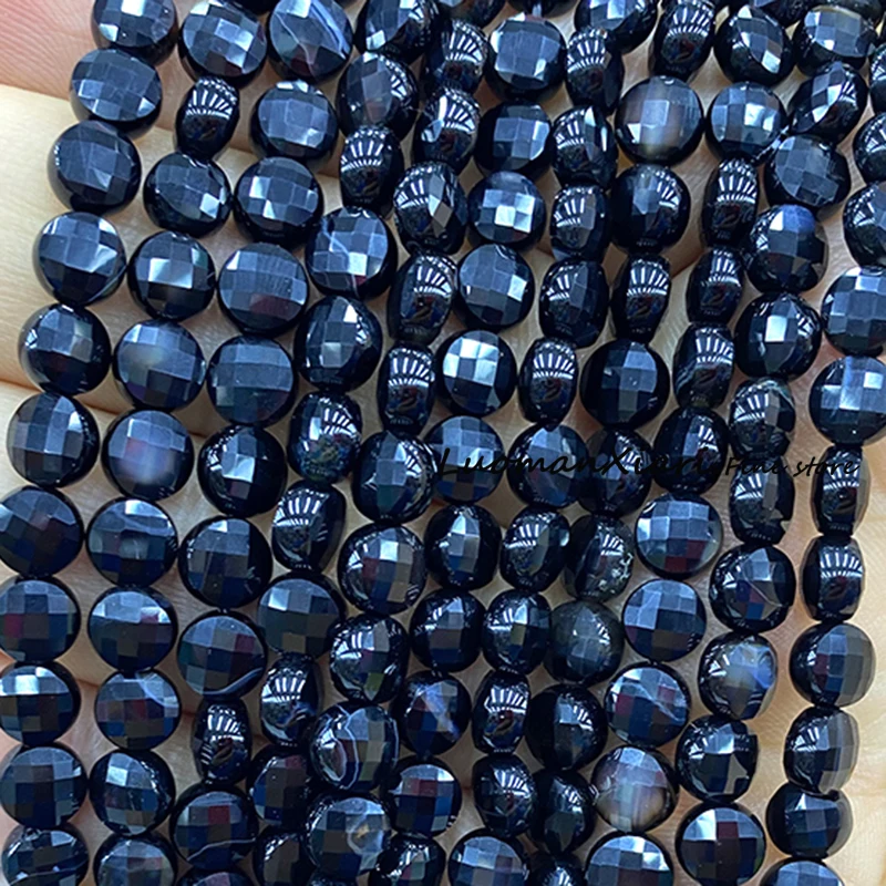 6mm Faceted Flat Round Natural Stone Black Agate Loose Coin Spacer Beads for Jewelry Making Diy Bracelet Charms Accessories