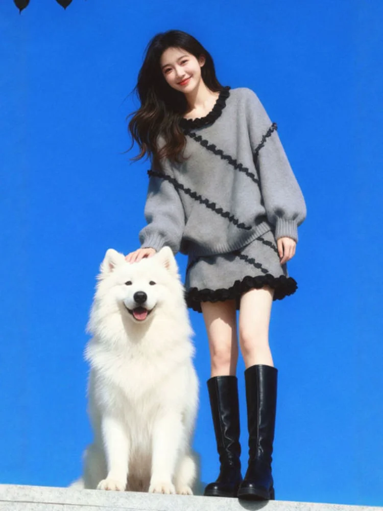 Doce preguiçoso sle camisola de malha feminina e saia ort conjunto de duas peças casual confortável ajuste outono inverno faion ensemble