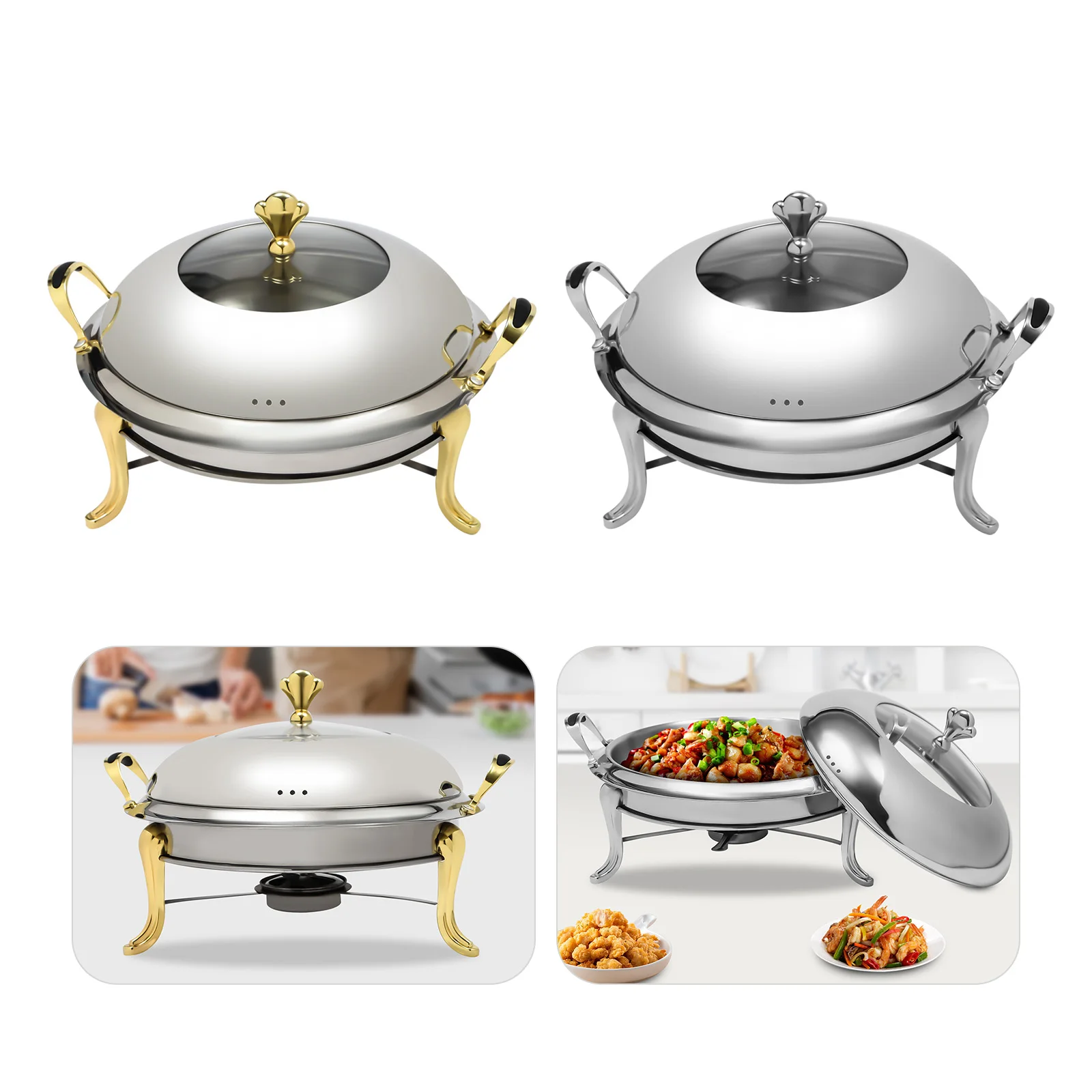 

Sliver/Gold Round Chafing Dish,24cm Stainless Steel Chafing Dish Buffet Chafer for Various Cooking Needs