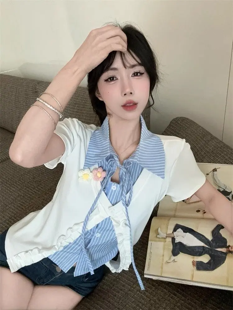 

Women's Layered Polo Collar Striped Shirt Summer Sweet Ruffle Trim Slim Fit Blouse Top