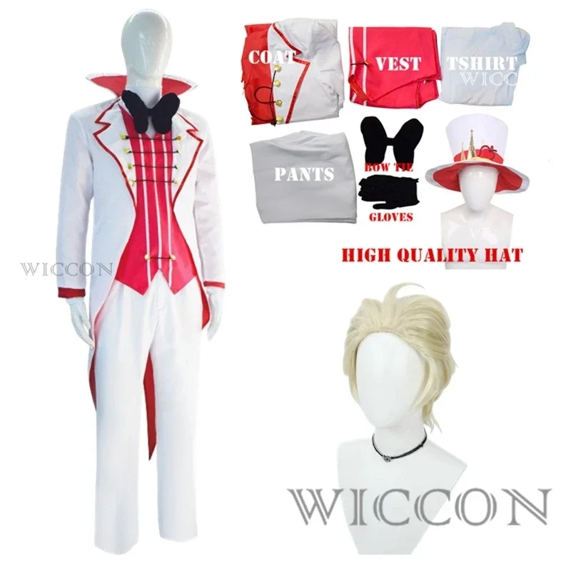 Hazbin lucifer cosplay anime hotel morningstar cosplay kostüm perücke papa weißer anzug teufel hölle halloween party erwachsene männer kostüm