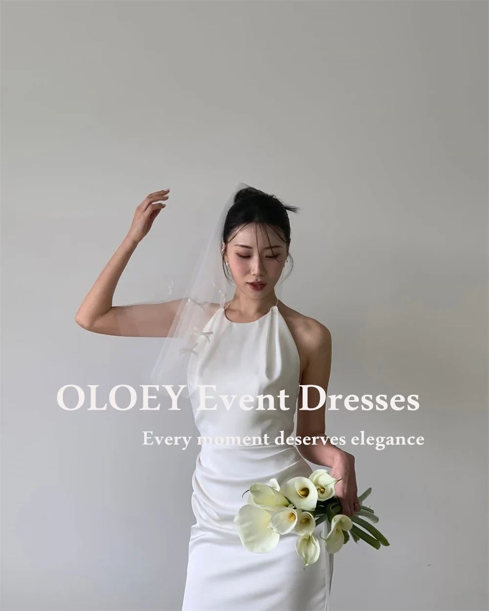 OLOEY بسيط الرسن حورية البحر فستان الزفاف كوريا صورة تبادل لاطلاق النار طول الأرض بلا أكمام ثوب الزفاف البريدي الخلفي الطيات الساتان حسب الطلب