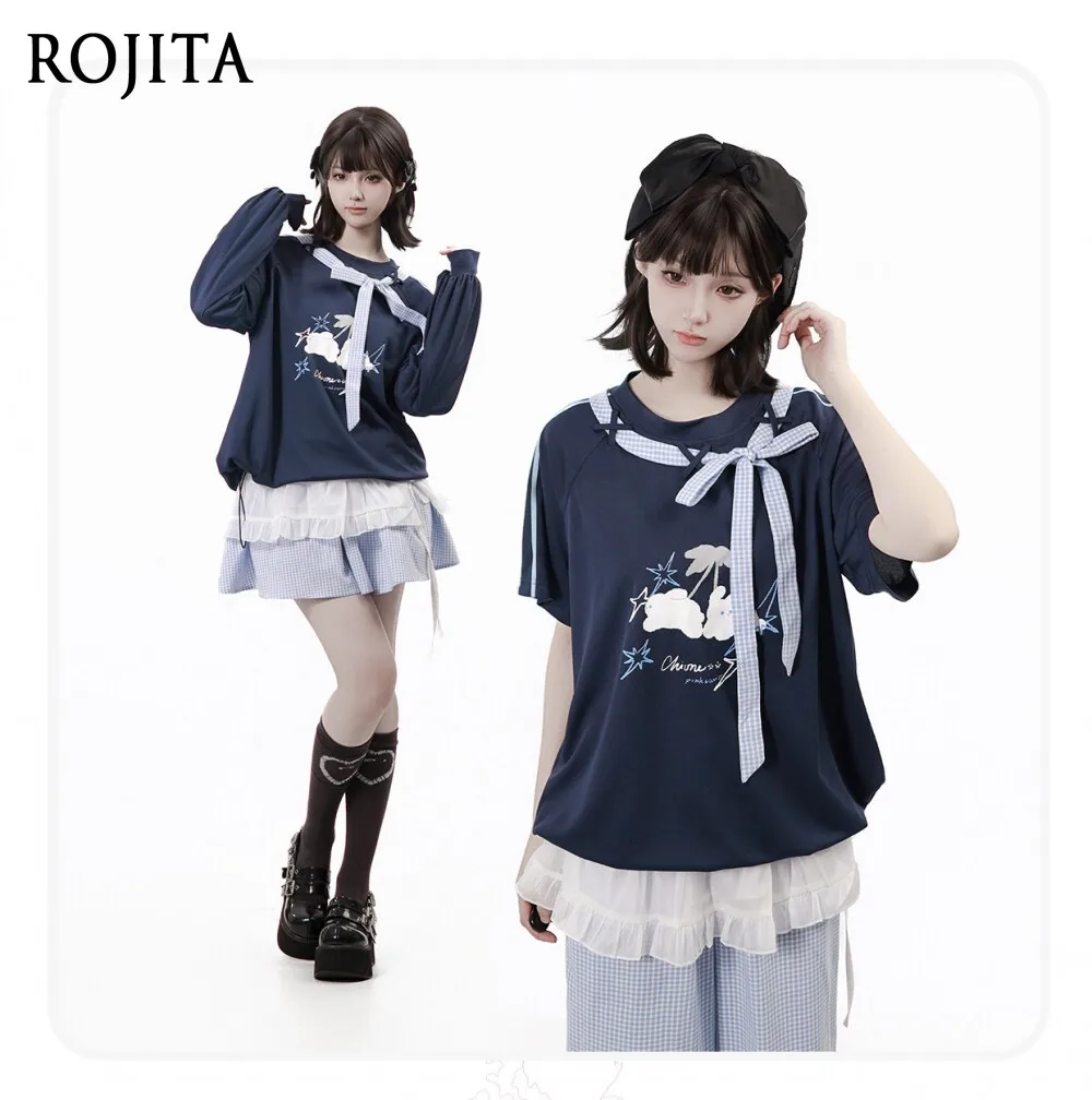 

Весенне-летний клетчатый топ с бантом, свободного кроя, с длинными и короткими рукавами, в стиле милой девушки, сине-белая короткая юбка, повседневные брюки с кружевными вставками