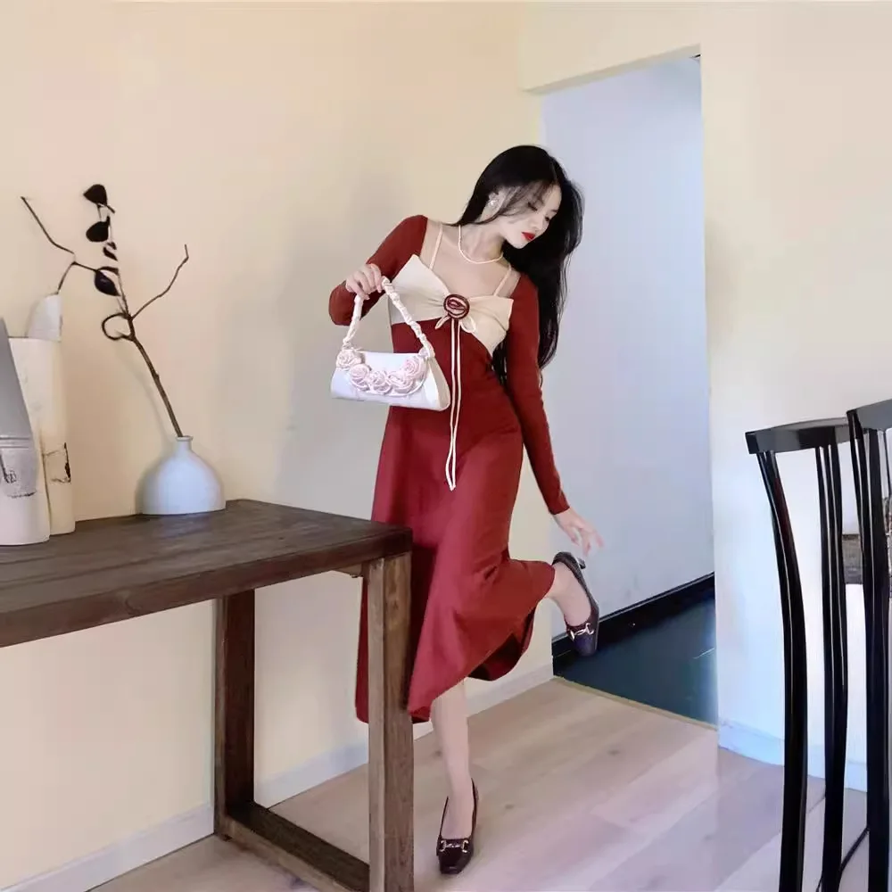 

7298 Spring Hong Kong Style Square Neck Color Block Floral Waist Slimming Flared Skirt Inner Wear Long Dress For Women