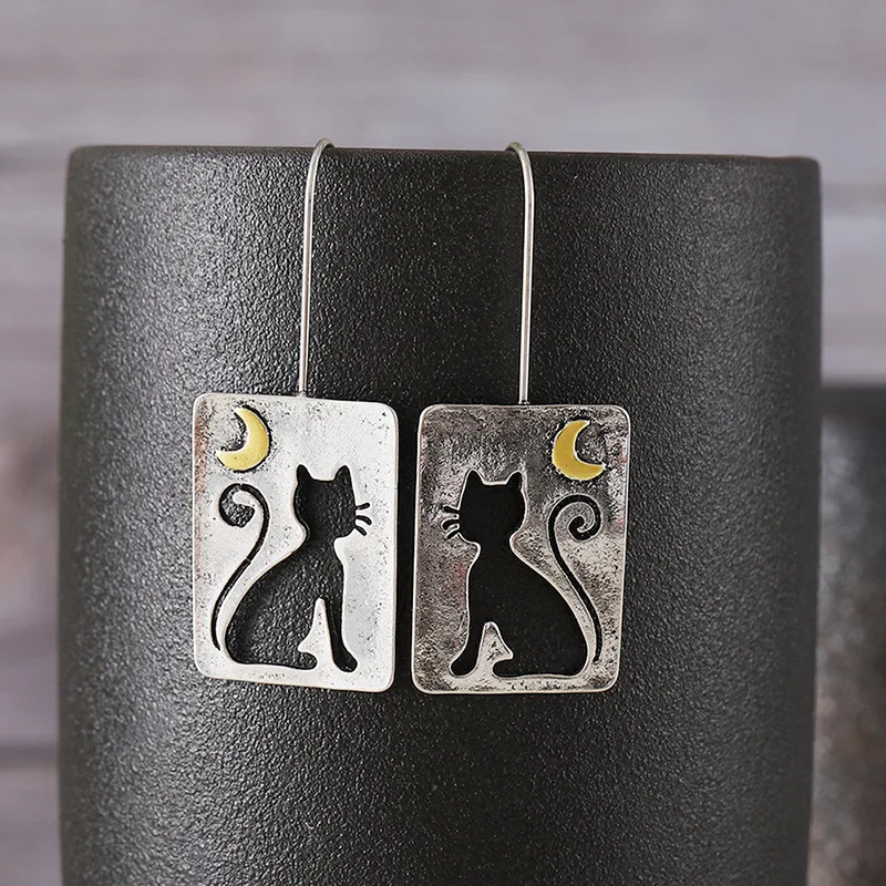 DIY accessories Cross-border fashion high-end retro cute hollow cat crescent alloy pendant square brand women's earrings jewelry