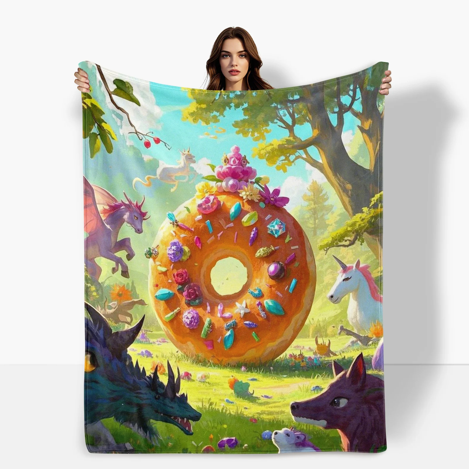 Whimsical Donut Forest Cartoon Animal Print Blanket For Kids And Adults To Add Fun And Warmth To Any Room Or Outdoor Space