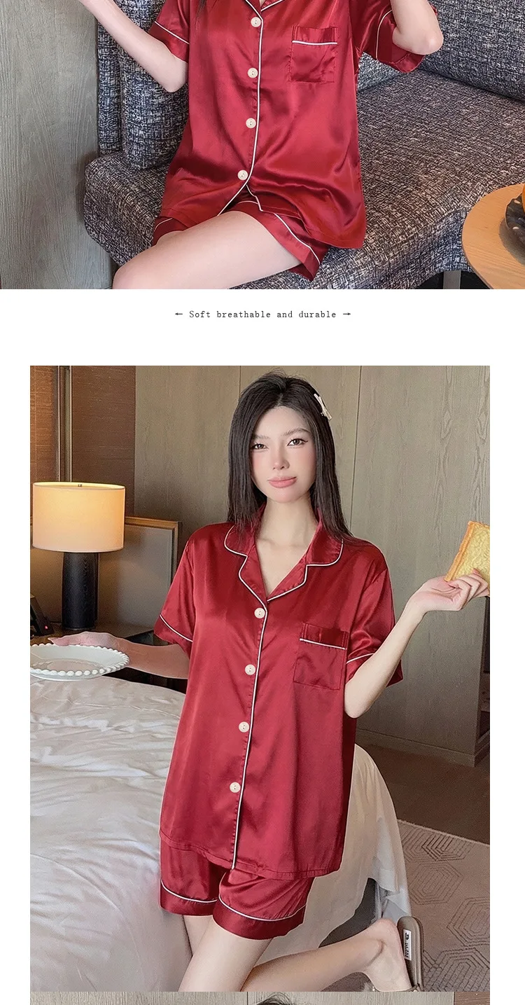 Neu eingetroffen: Damen-Pyjama-Set aus Eisseide mit kurzen Ärmeln – rot, locker sitzend, kühlend, bequeme Loungewear – Detail 6