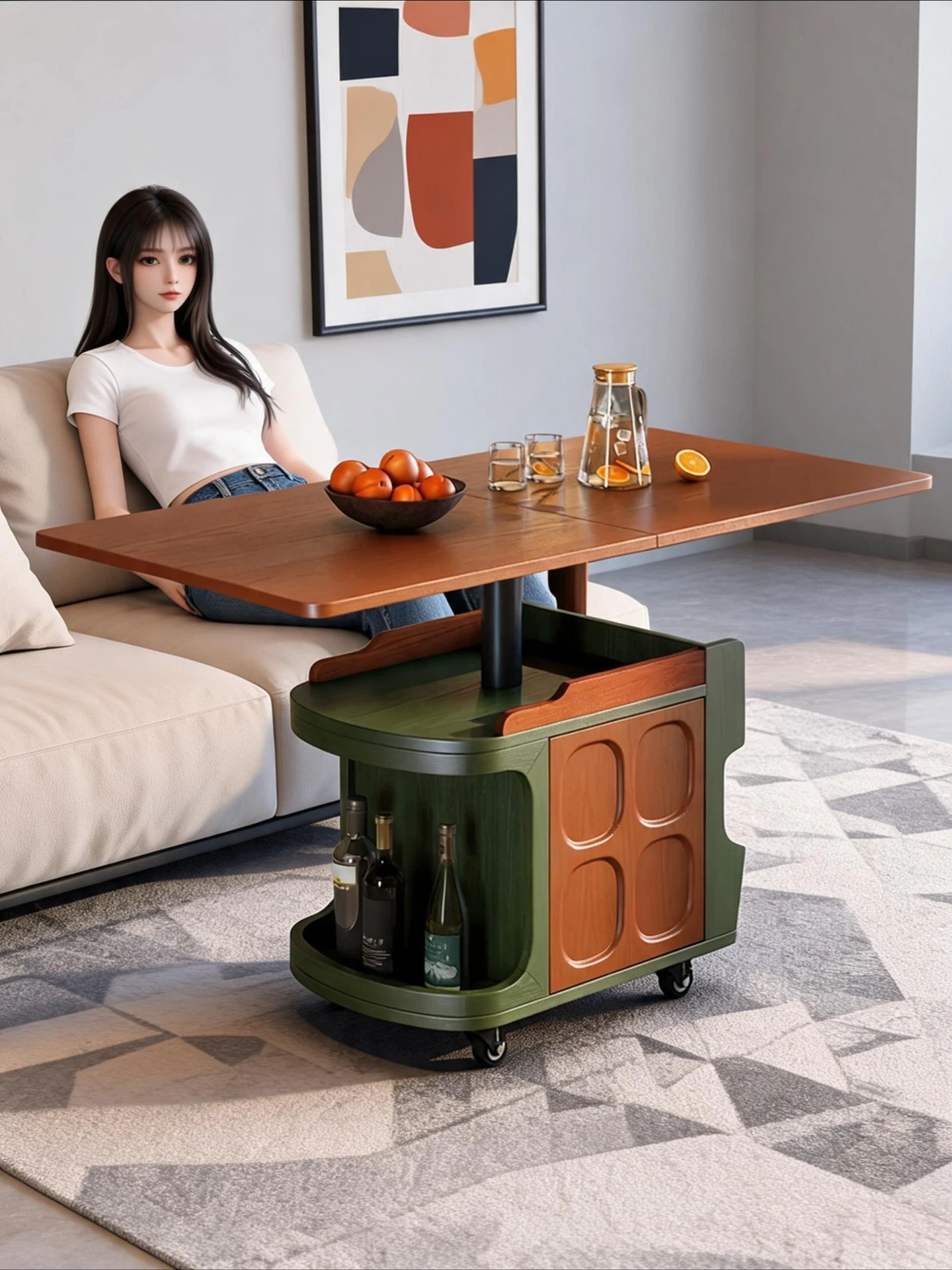French Retro Mobile Folding Coffee Table, Four-leaf Clover Side Table, Adjustable Height Rotating Rolling Cart for Living Room