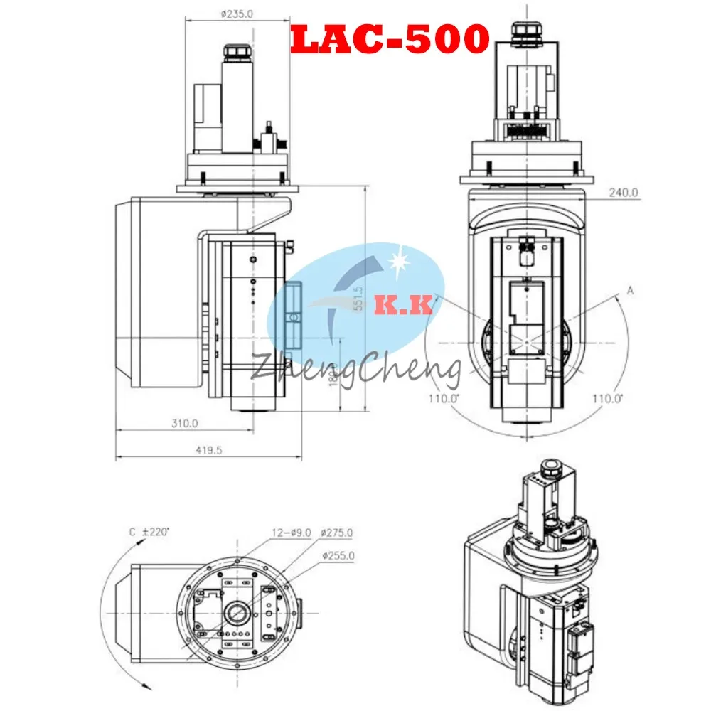 새로운 CNC L 자형 5 축 헤드 스윙 암 회전 메커니즘, LAC-500 조각 기계 및 밀링 기계에 적합