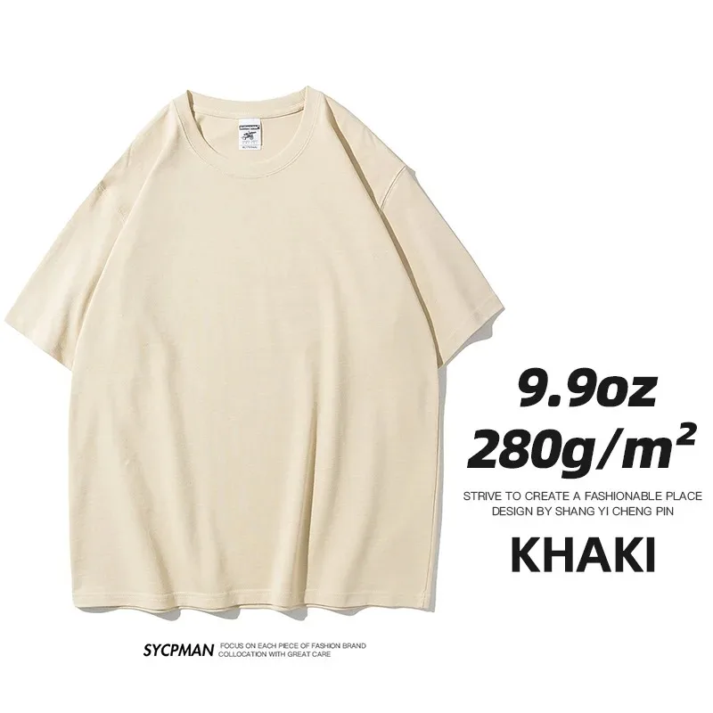 280gsm High Qualtity Oversized Heavy T-shirt for Men Short Sleeve Tee Cotton Solid Color Trend Leisure Green White Black 2024