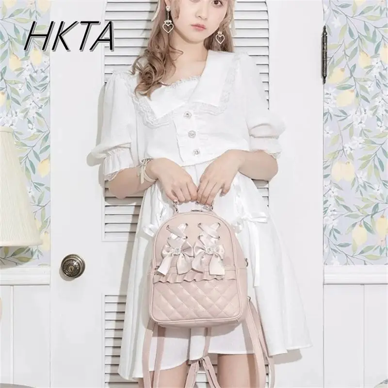 Японский рюкзак в стиле Лолиты с бантом и стразами, женский рюкзак Mine, новая повседневная универсальная сумка, милые милые рюкзаки из искусственной кожи для девочек, большая вместительная сумка