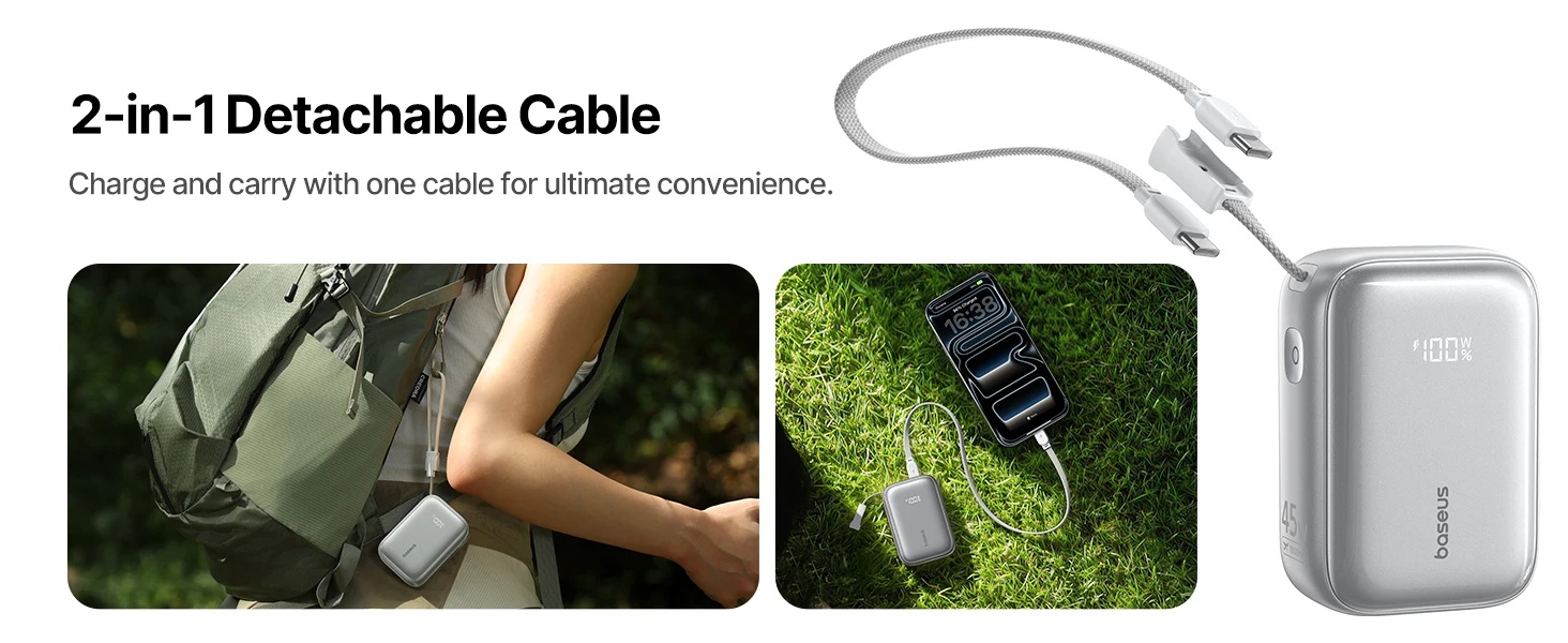 Baseus 45W Powerbank 10000mAh mit integriertem, einziehbarem USB-C-Kabel, abnehmbarem Kabel, Ladegerät 20000mAh für iPhone 18 Duo Pro Max S26 – Detail 4