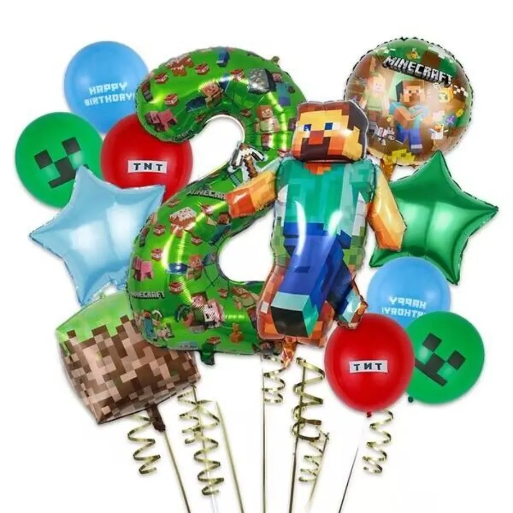 Minecraft Pixel World Steve Character  Birthday Number Balloon 1-9 Green Star Round Balloon Game Fan Party Decor Supplies