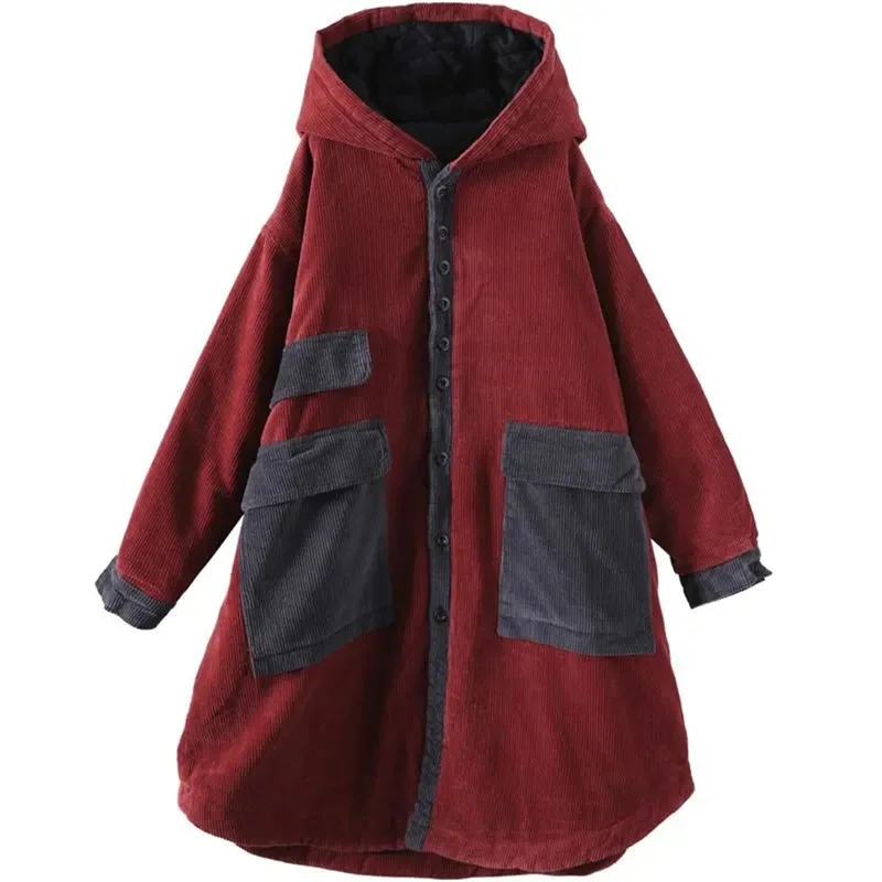 new Fashion Long Corduroy Jacket Big Pocket Hooded Cotton Padded clothes Women Autumn Winter Parkas Loose Casual Cloak coat R437