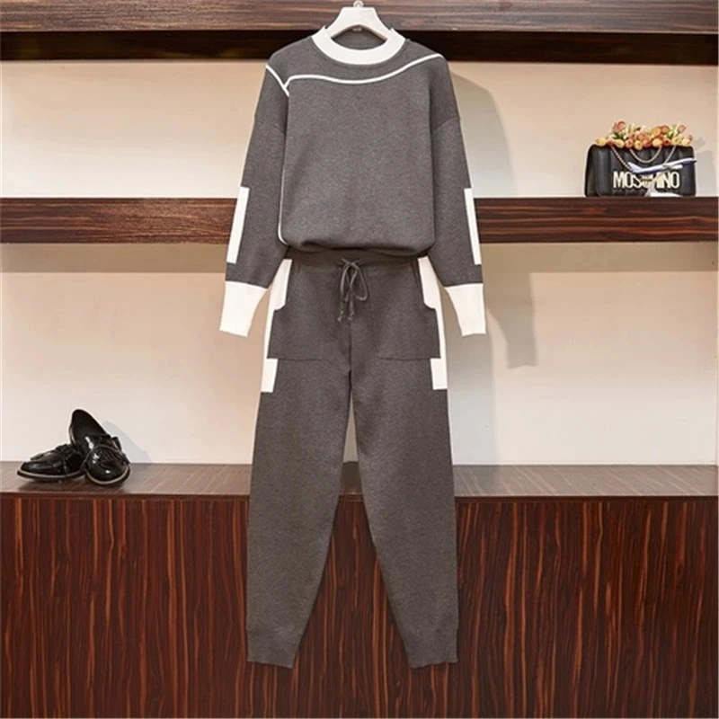 L-4XL Autumn Winter Women Knitted Tracksuit 2-piece Suite Long Sleeve Sweater Pullover Set Elastic Waist Knit Long Trousers Suit