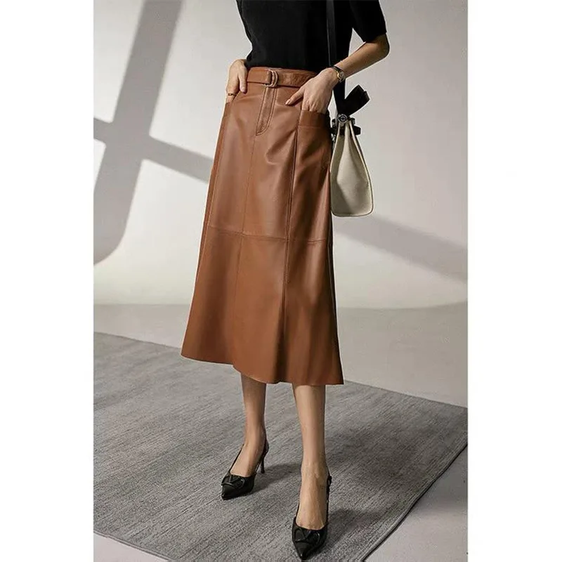 Women's Midi Skirt, High Waist, Sheepskin Genuine Leather Skirt, Umbrella Length, Fashionable, Spring And Autumn