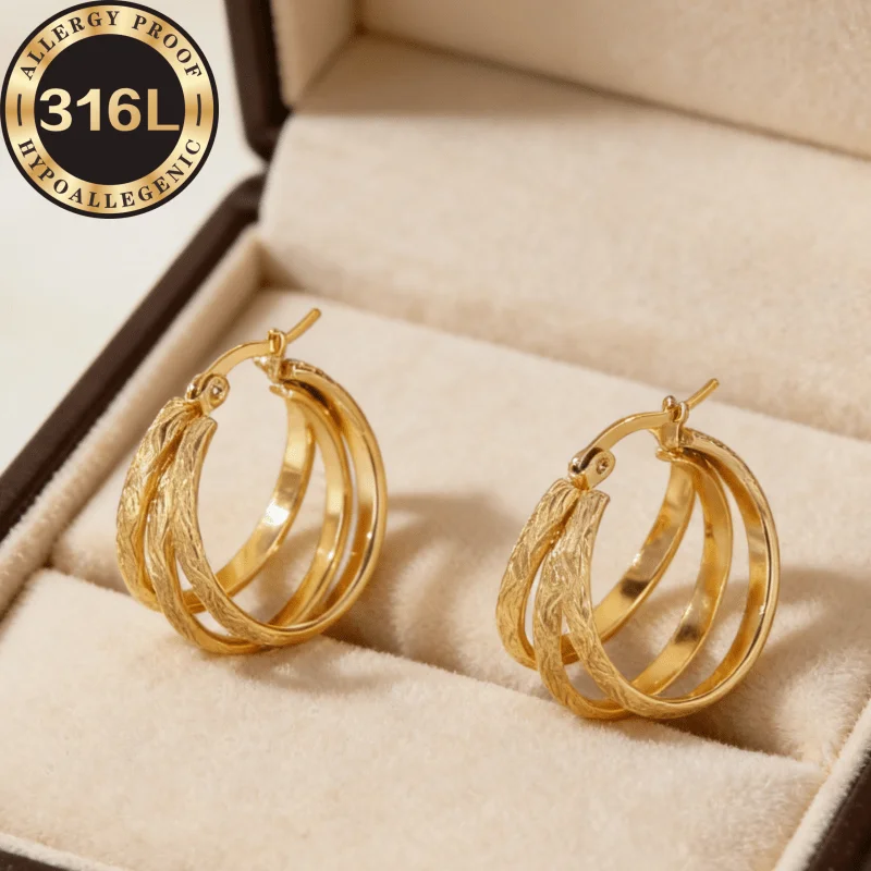 316L high-quality stainless steel hypoallergenic Golden earrings, hemispherical pattern line three-line interpolation round