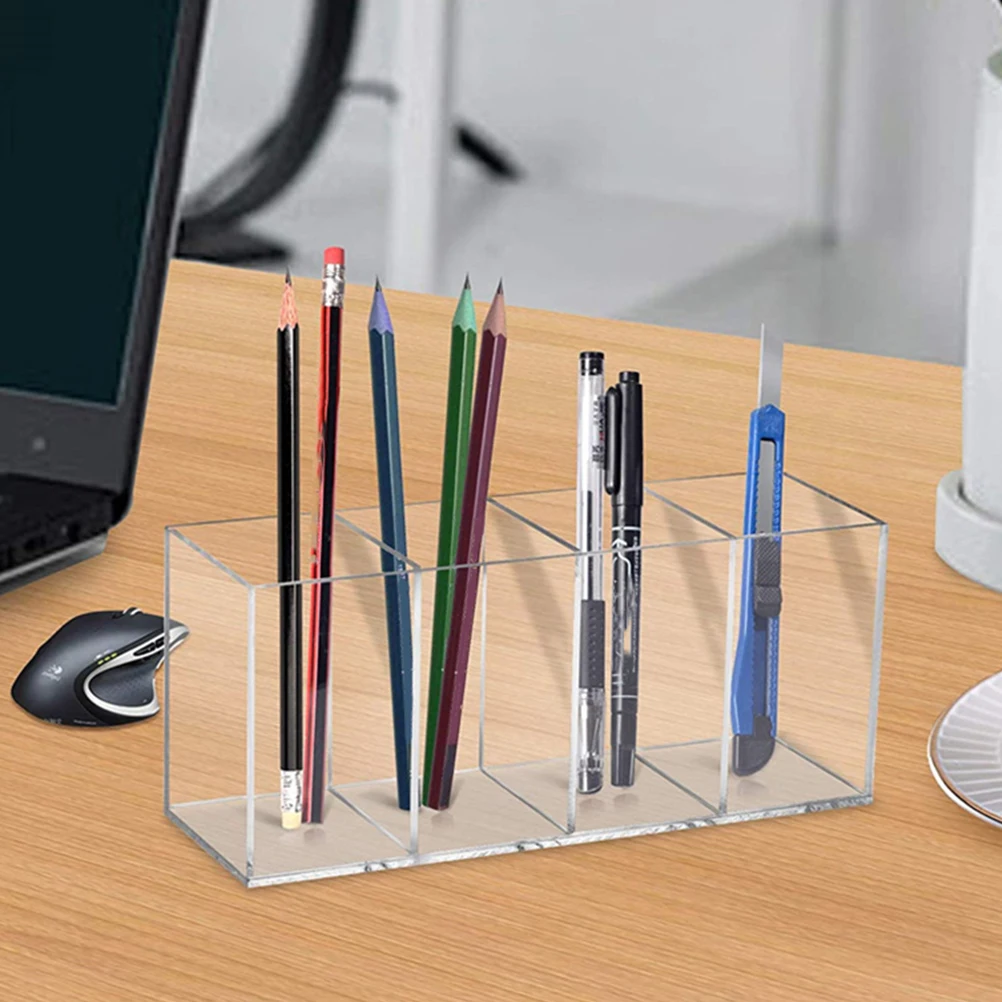 

4 Compartment Acrylic Pen Holder Clear Stationery Storage Barrel Makeup Brush Organizer Countertop Pens Box Desk Bedroom Balcony