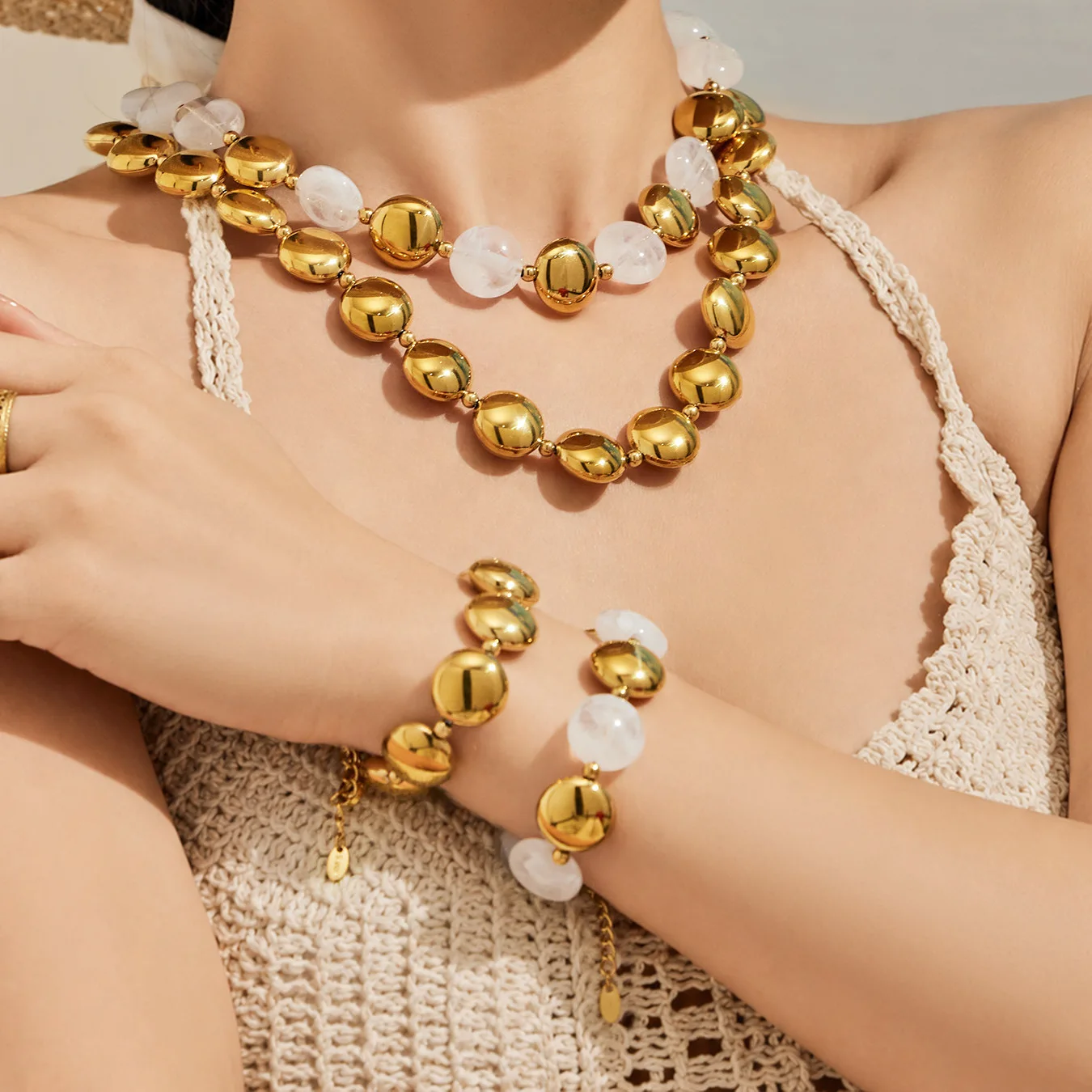 Chunky Runde Scheiben-Perlenkette und Armband, 18K Vergoldetes Edelstahl-Schmuckset für Damen – Detail 3