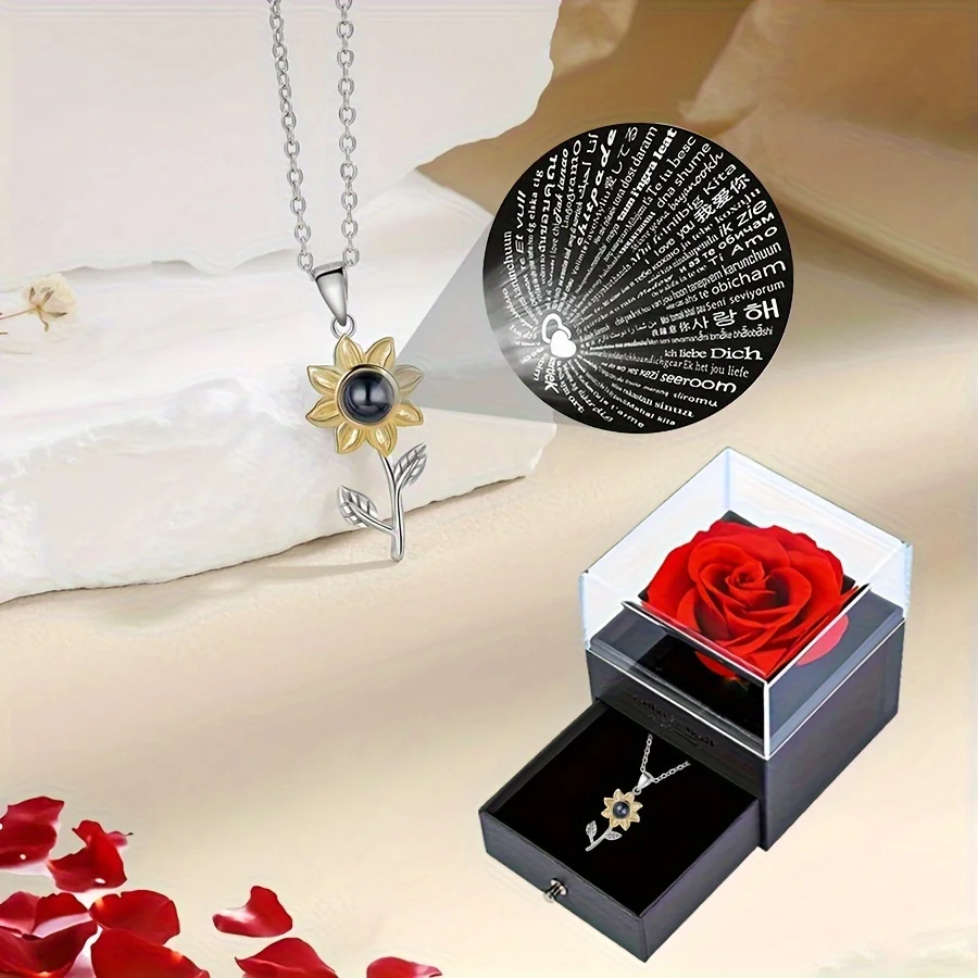 Luxury Sunflower Necklace With Rose Gift Box 100 Languages I Love You Pendant Jewelry For Wife Mom Girlfriend Romantic Gifts