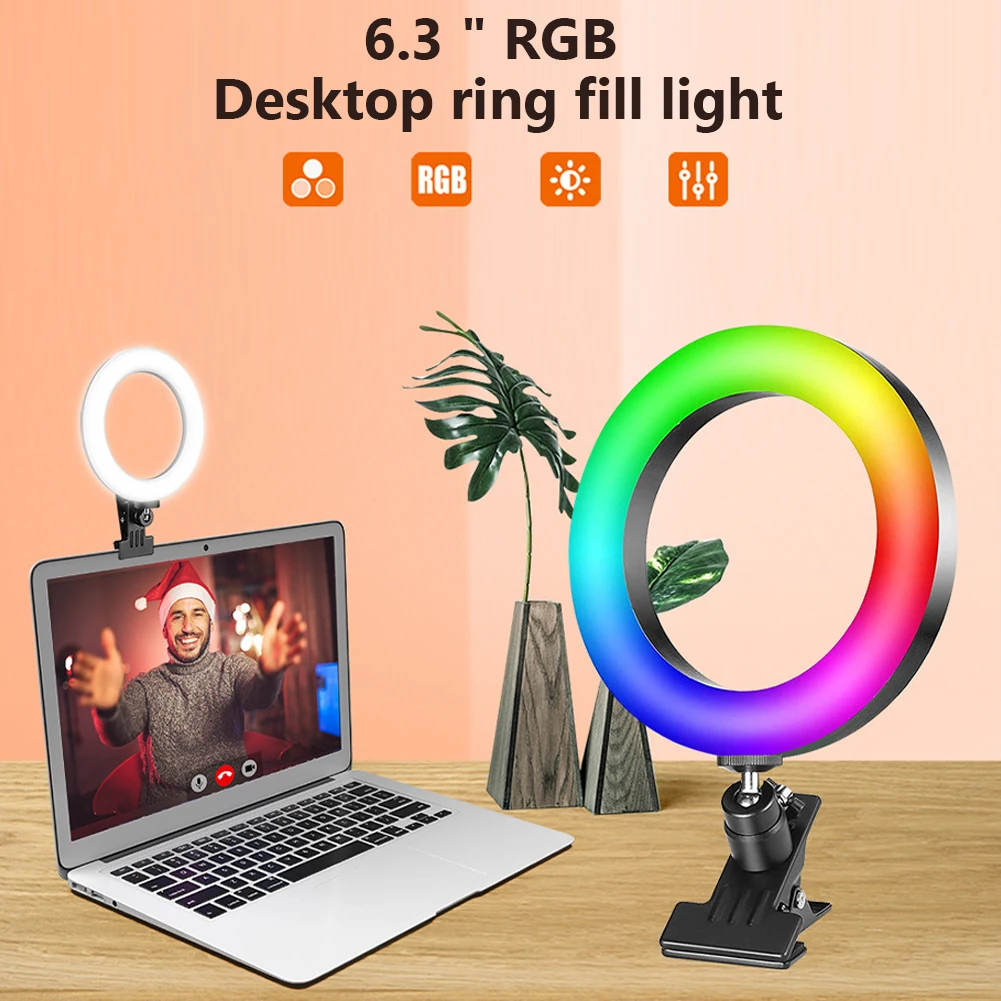 6 Inch Selfie Ring Light Clip-on RGB Circle Light For Cellphones Laptops Mirrors Live Streaming Selfie Vlog Zoom Calls
