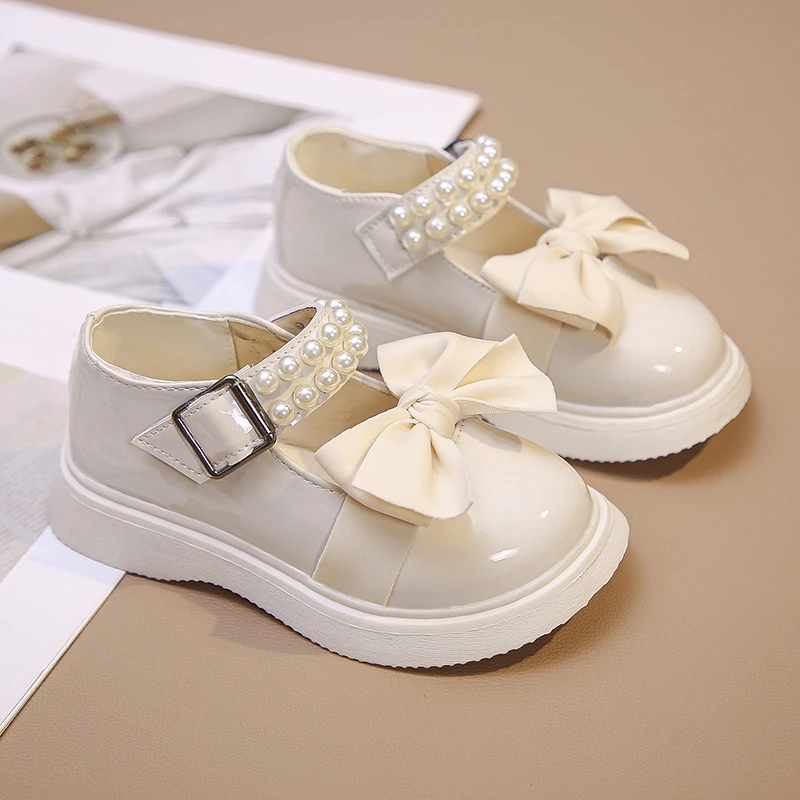 Black Leather Shoes For Girls 2023 New Children Baby Shoes Princess Mary Jane Shoes Girl Students White Bow Beading Flats