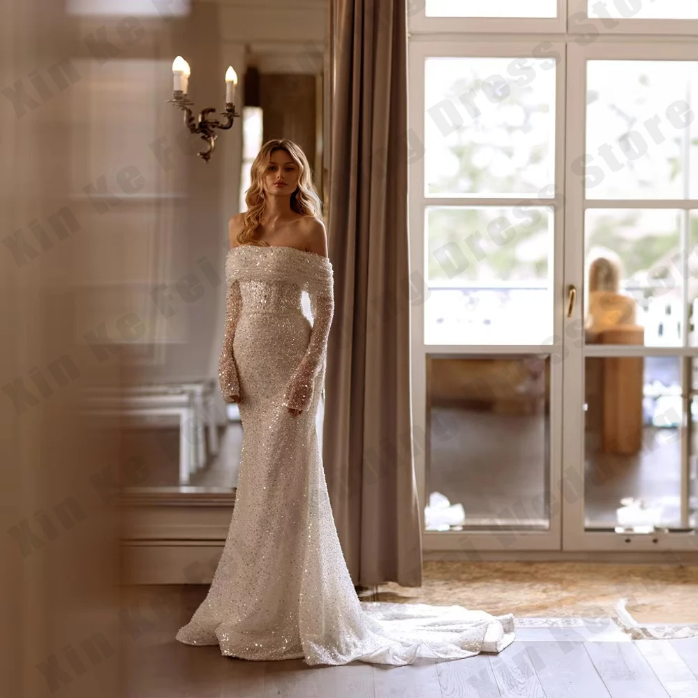 الدانتيل المرأة زي العرائس مثير قبالة الكتف حورية البحر بأكمام طويلة فستان زفاف الأميرة حفلة رسمية svativi sencеее مخصصة