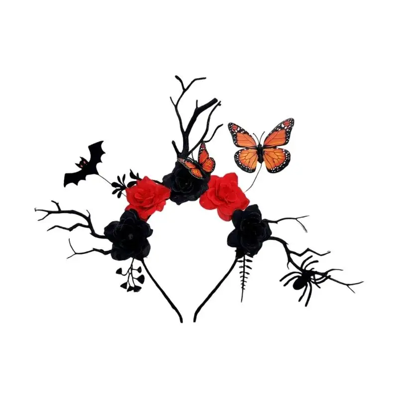 

31BB Gothic Floral Deer Horn Headpiece With Bat Detail For Halloween Night Event