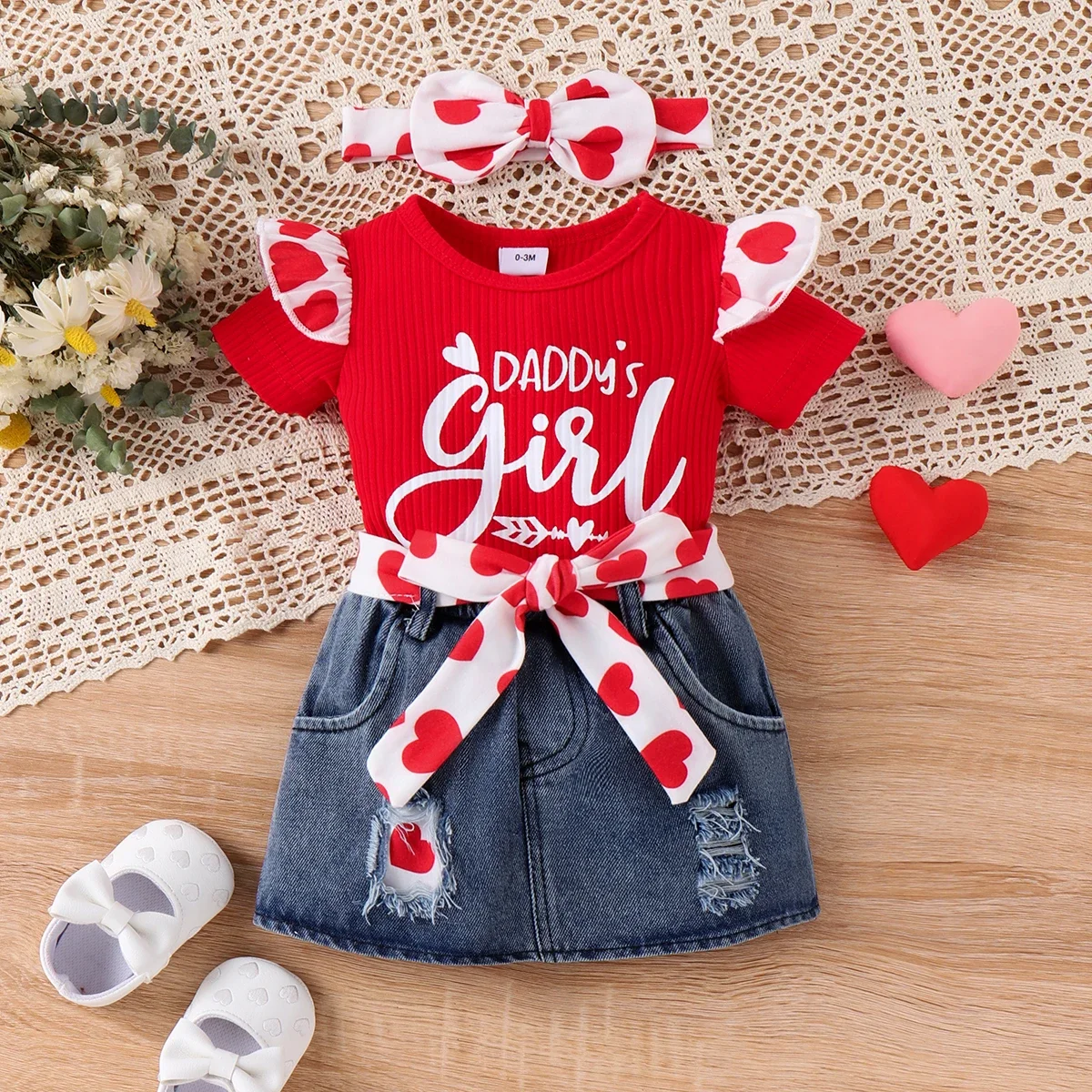 PatPat 2pcs Baby Girl Sweet Letter Pattern Flutter Sleeve Heart Top and Denim Skirt Set Suitable for Summer Season