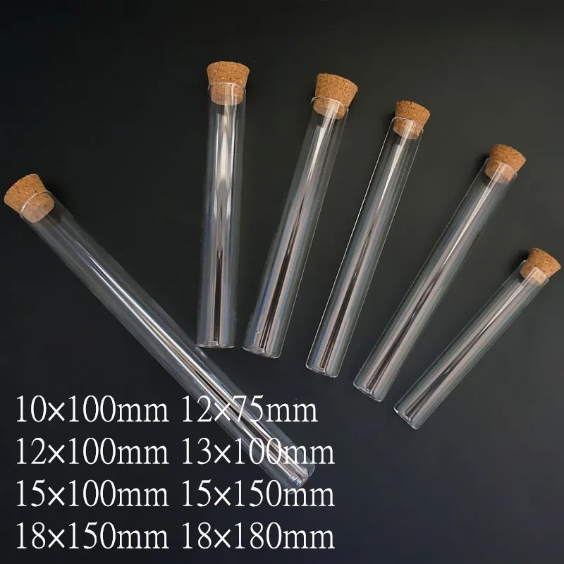 24pcs/lot All Sizes Clear Lab Flat Bottom Thickening  Glass Test Tube with Cork Stoppers