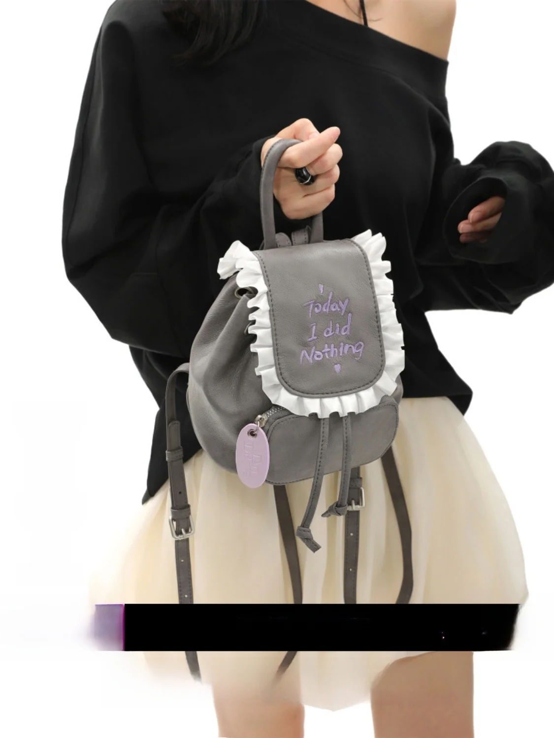 lace-trim-small-backpack-women's-castle-grey-modern-neutral-style-dual-strap-drawstring-closure-lightweight-waterproof